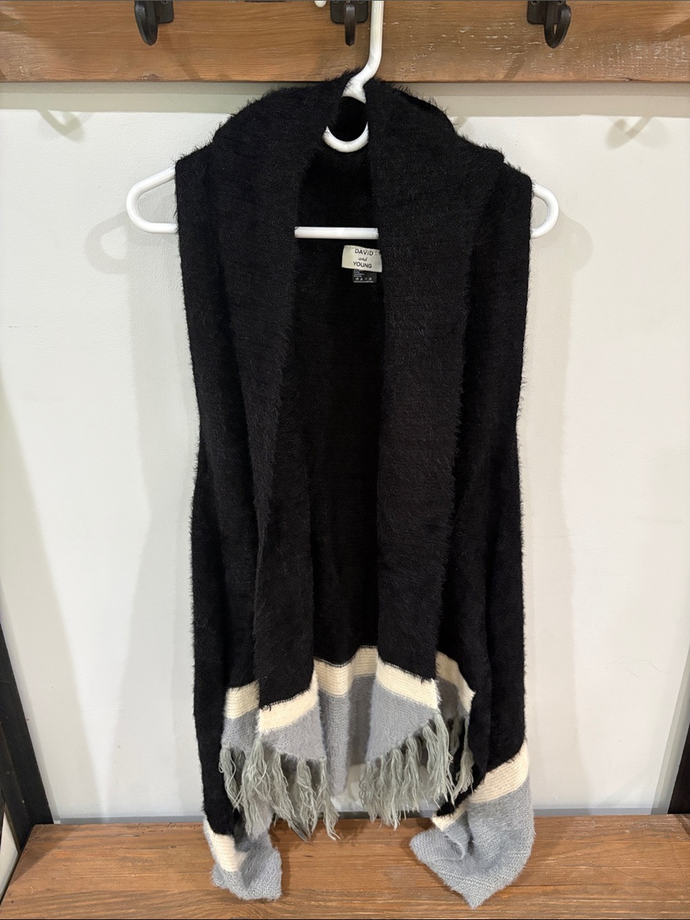 David and Young Black Hooded Fringe Open Cardigan with Cream and Gray Accents